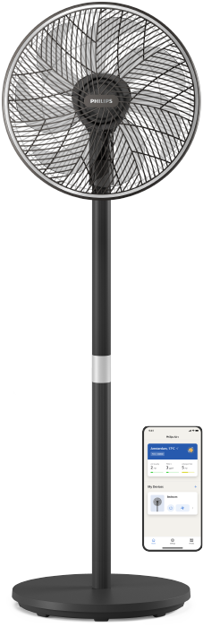 (يفتح في نفس النافذة) مروحة عمودية مع قاعدة من Philips بالقرب من رموز صغيرة لتطبيق Air+ من Philips، مقابل خلفية باللون الأزرق الفاتح.